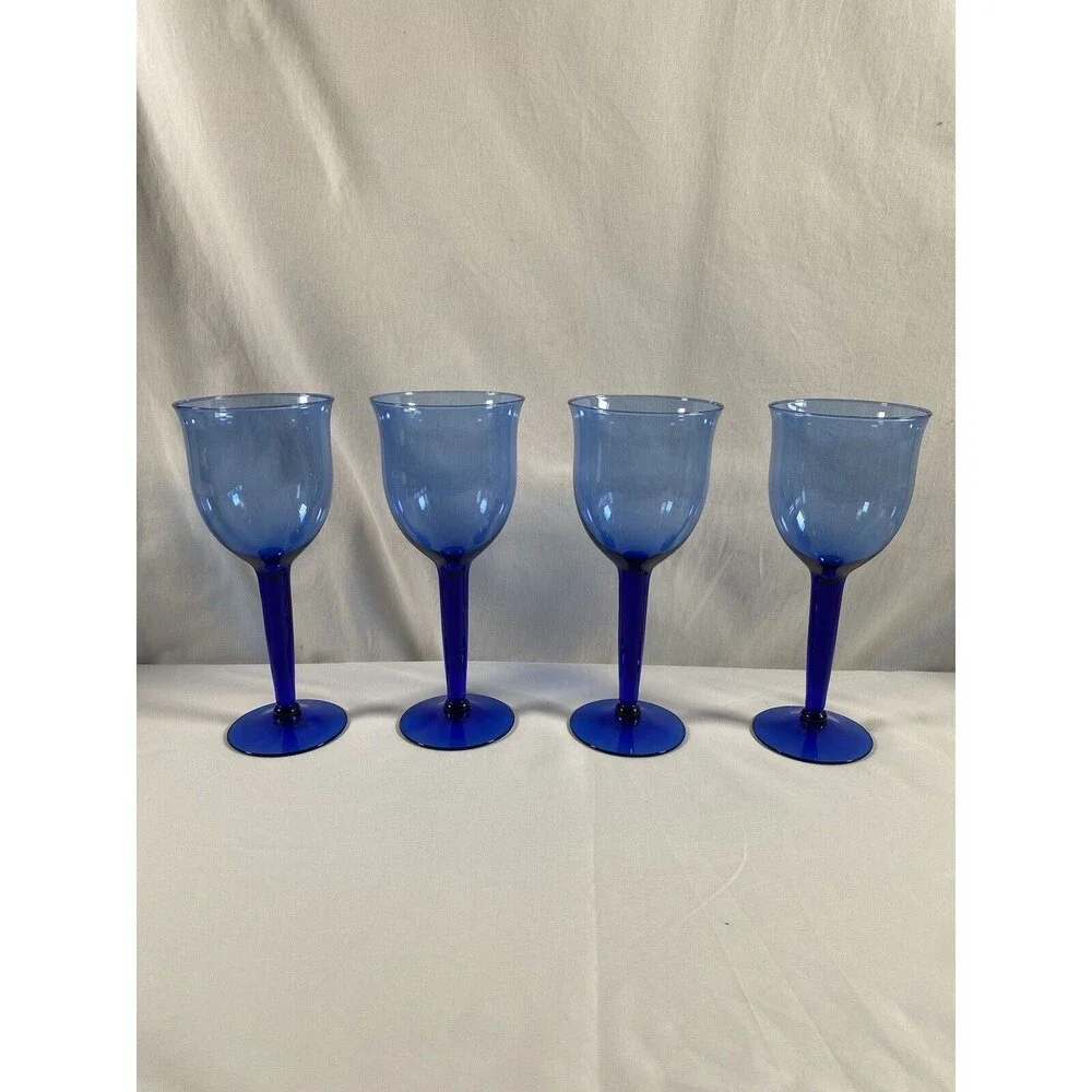 Lot of 4 Large Tall Cobalt Blue Wine Glasses Thick Stem #469